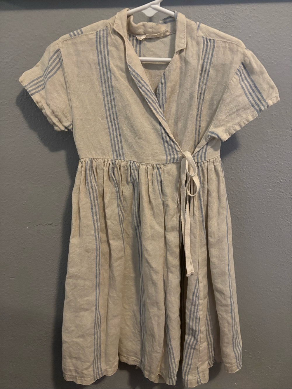 Fin & Vince. Kids Cream Stripe Wrap Dress with Blue Accents